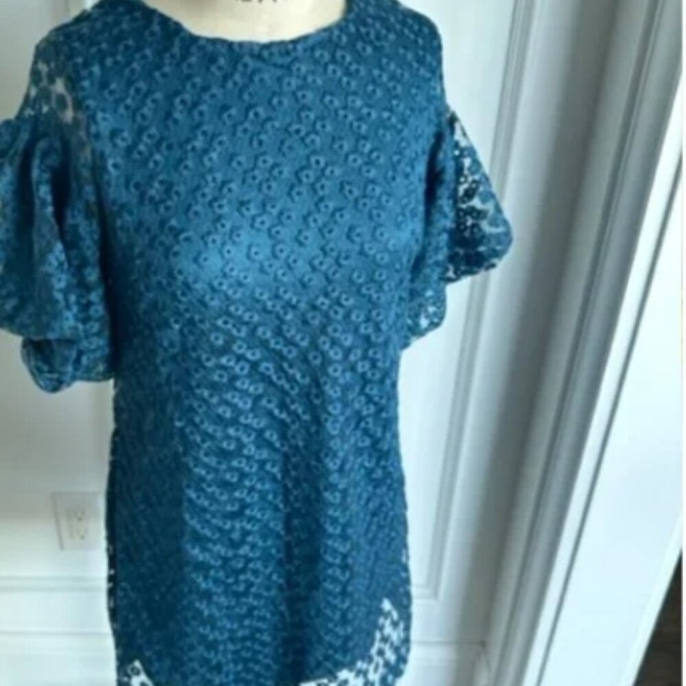 Sheath Puff Sleeve Teal Floral Mini Dress